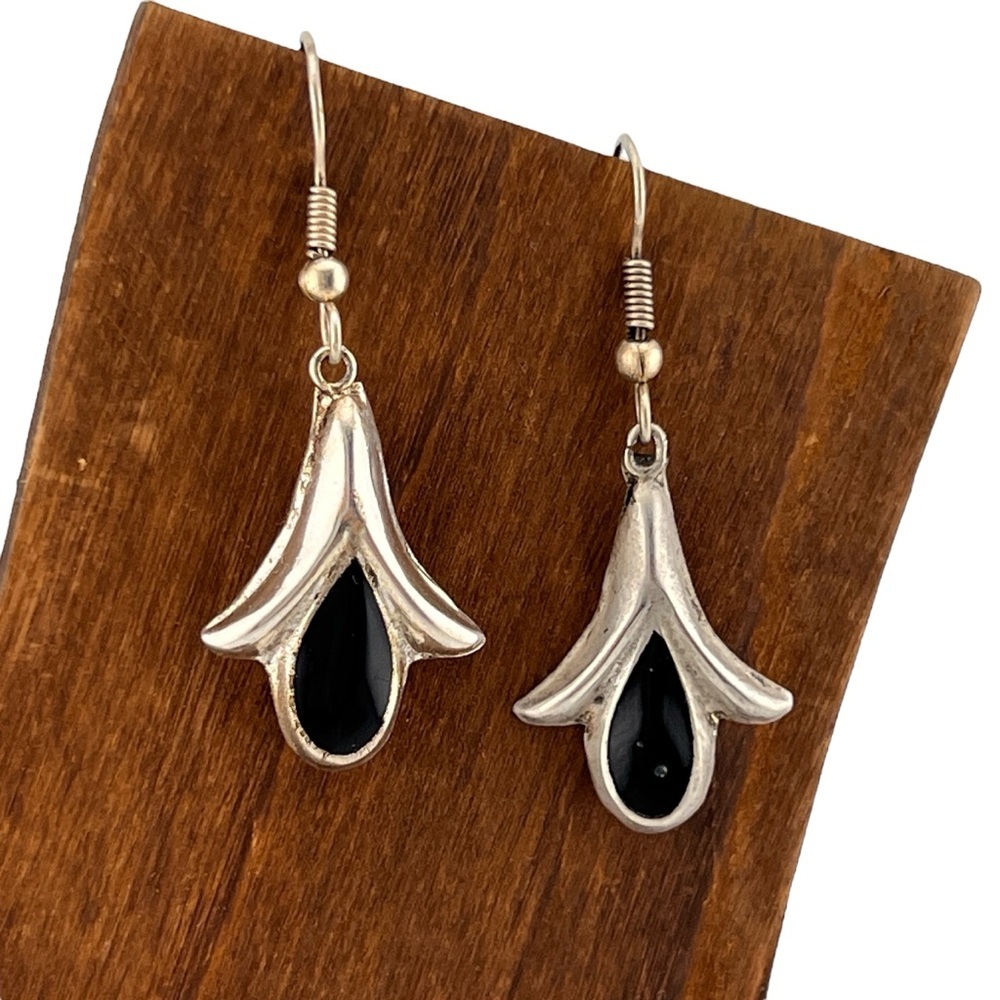 Vintage Alpaca Mexico Black Enamel Earrings